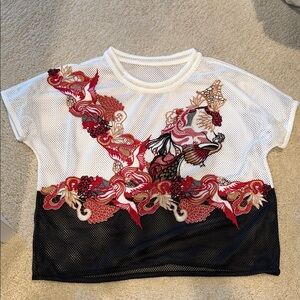 Women's White and Black Mesh Top with Red Accents